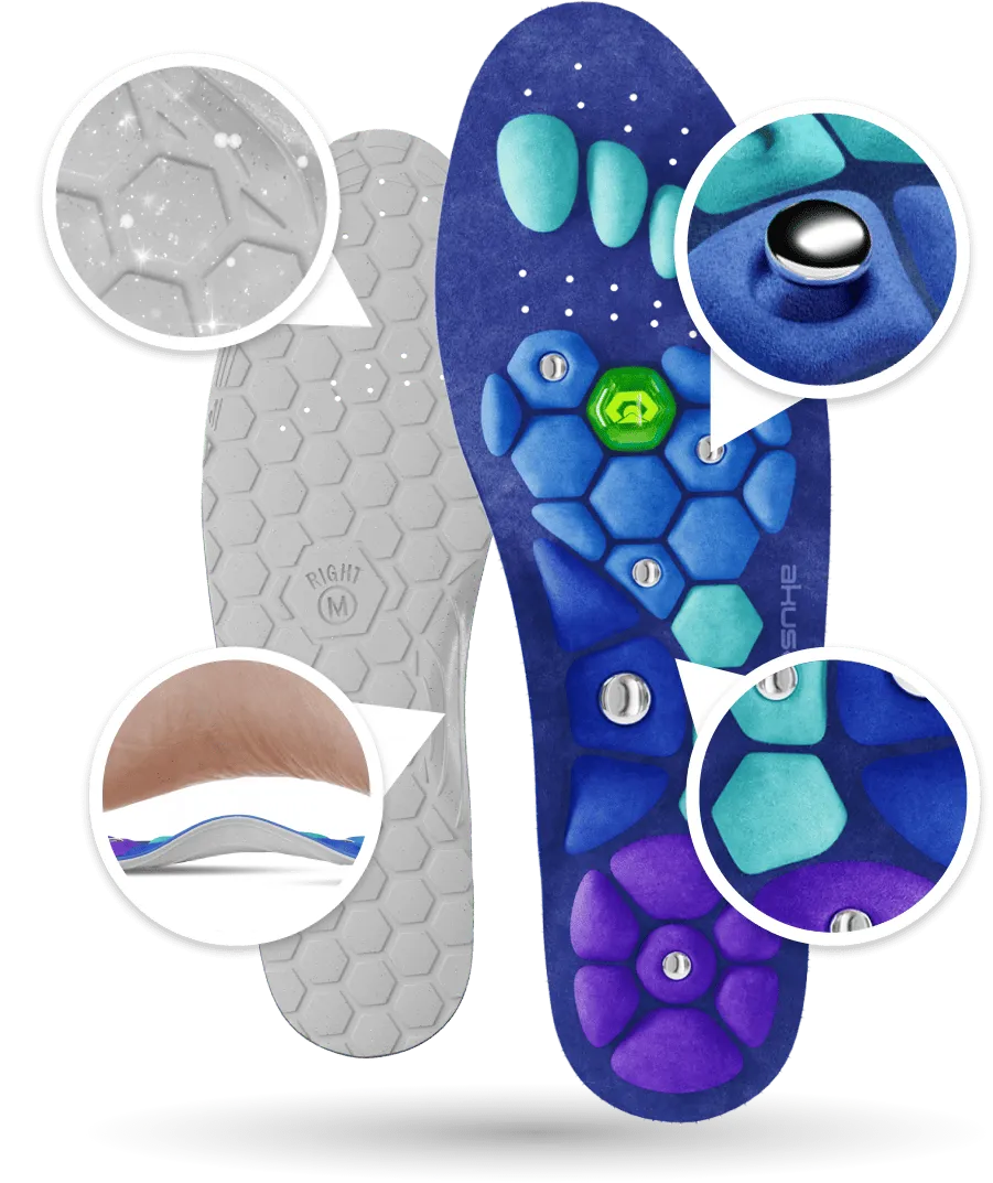 Akusoli Insoles top and bottom view with close-ups of the hexagon tread, a silver magnet stud, the arch contour and the teal and blue nodes