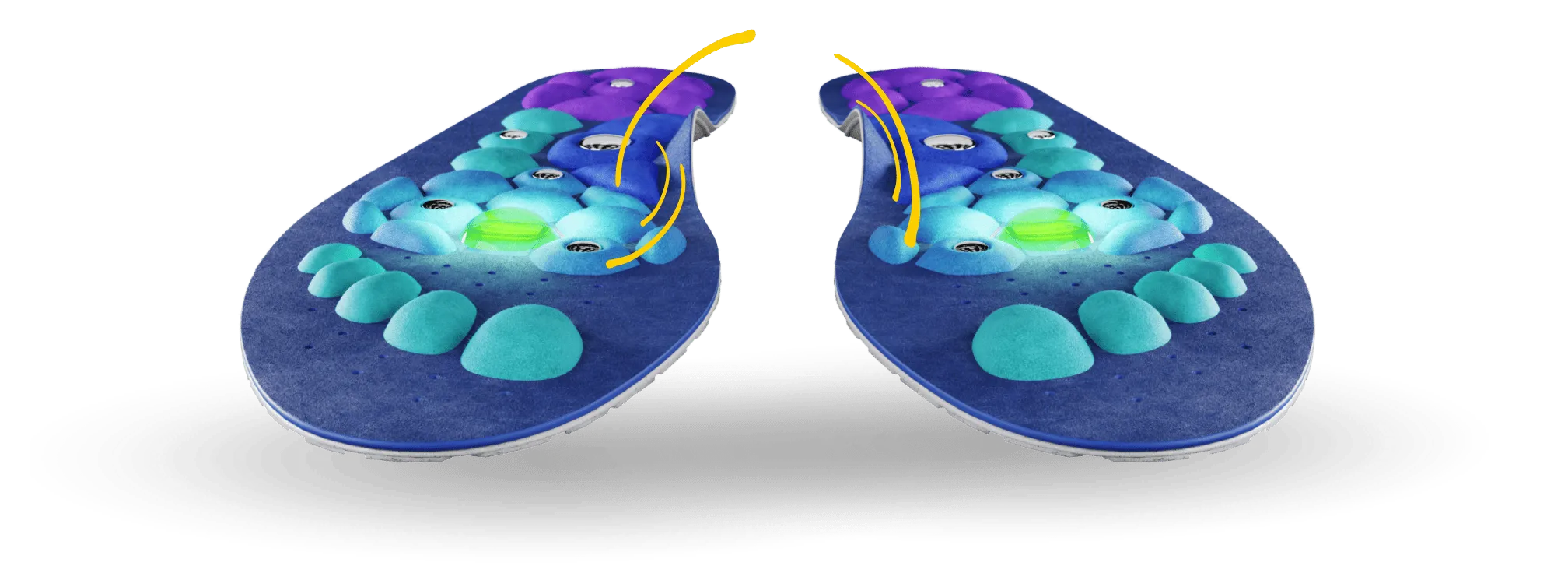 Front view of a pair of Akusoli Insoles with teal toe pads, blue nodes, silver studs and green center gems, with yellow lines marking the arch area