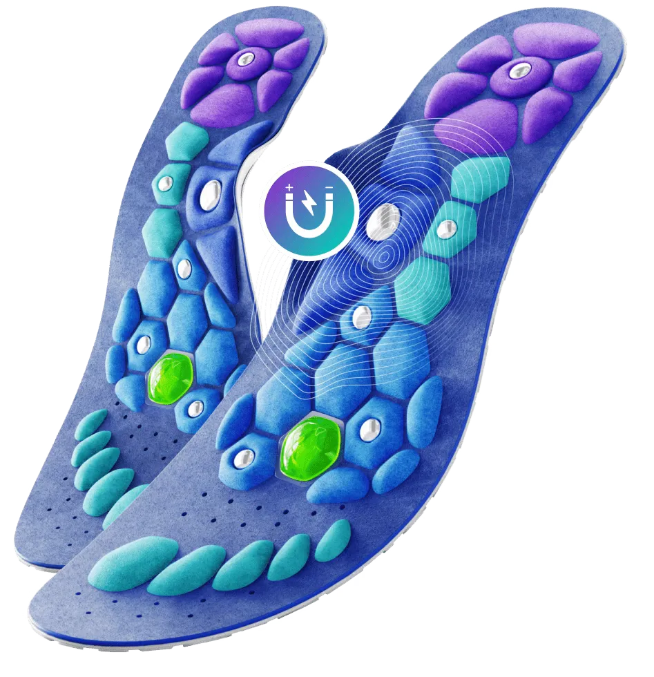 Pair of Akusoli Insoles with teal toe pads, blue hexagon arch nodes, purple heel nodes, silver magnet studs and a green center gem
